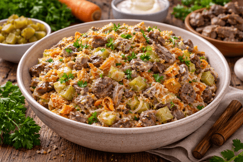 Даже скептики умяли до крошки: бюджетный салат с печенью и желудками — сытный, сочный и очень вкусный