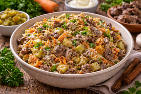 Даже скептики умяли до крошки: бюджетный салат с печенью и желудками — сытный, сочный и очень вкусный